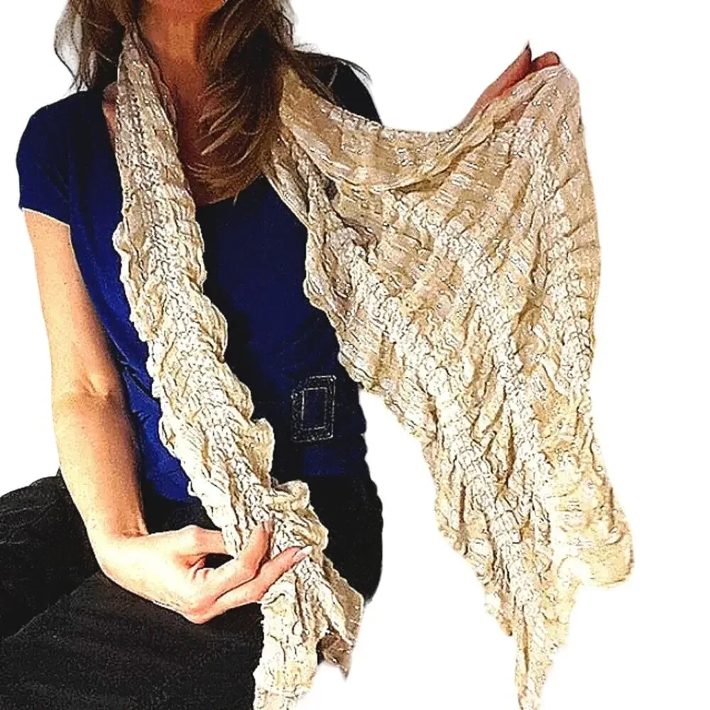 Crinkle Ruched Scarf Beige Textured Fluffy Long MInimalist All Seasons Preppy